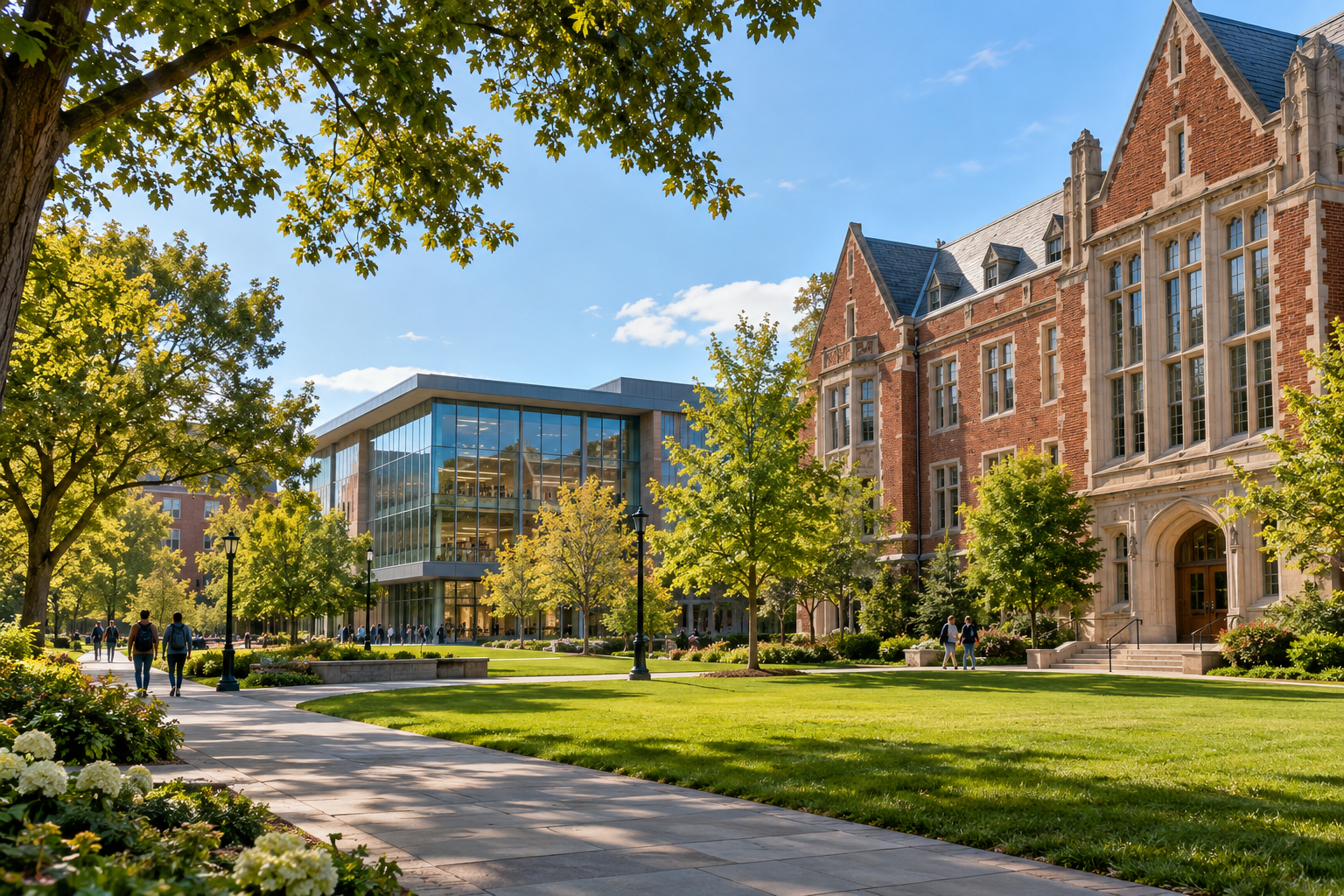 Illustrative university campus with academic buildings and a green quad
