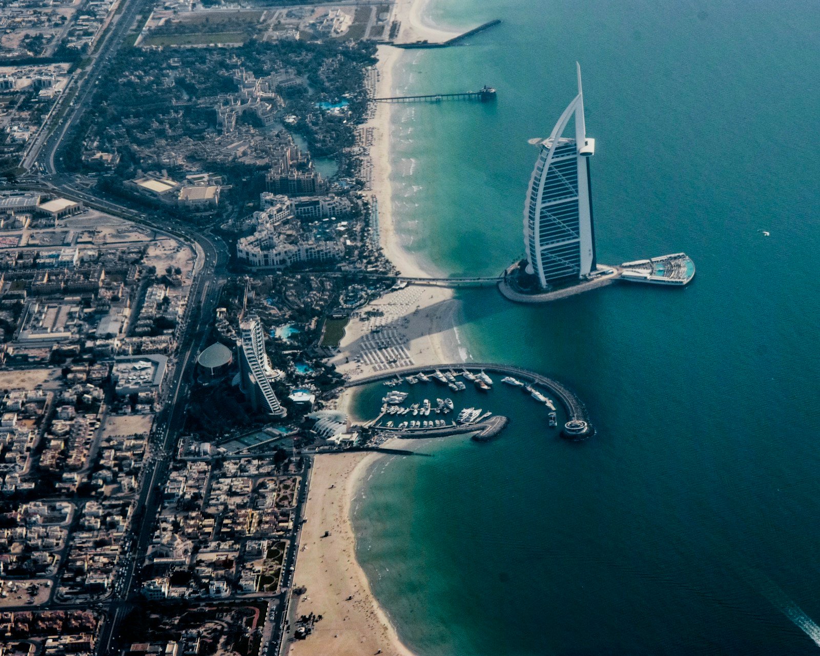 Aerial view of Burj Al Arab and Jumeirah coastline